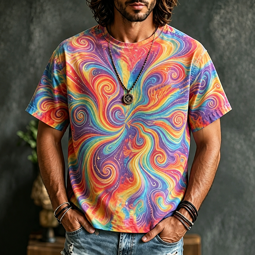 Men's Casual Crewneck T-shirt With Colorful Psychedelic Swirl And Marble Fluid Art Print