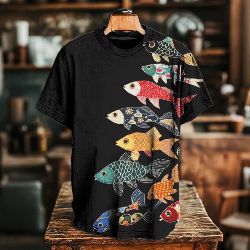 Men's Retro-style Colorful Koi Frog Japanese Art Print Casual T-shirt