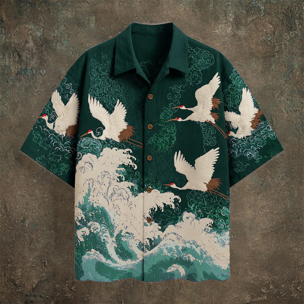 Japanese Wave & Crane Men's Casual Linen Short Sleeve Shirt