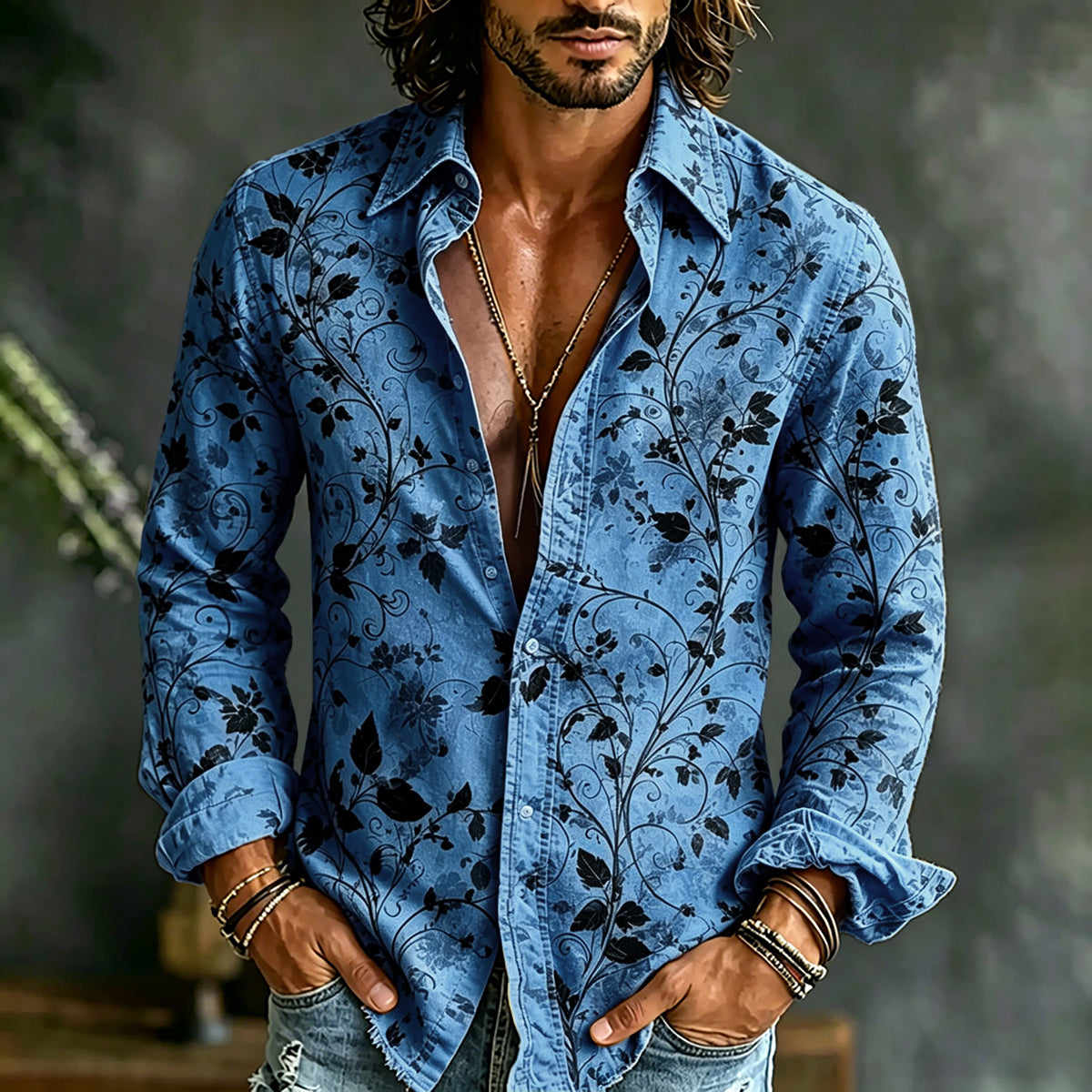 Men's Retro Floral Art Print Cotton Linen Casual Shirt