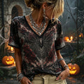 Women's Retro Dark Gothic Style Halloween Spider And Red Rose Pattern V-neck Short-sleeved T-shirt