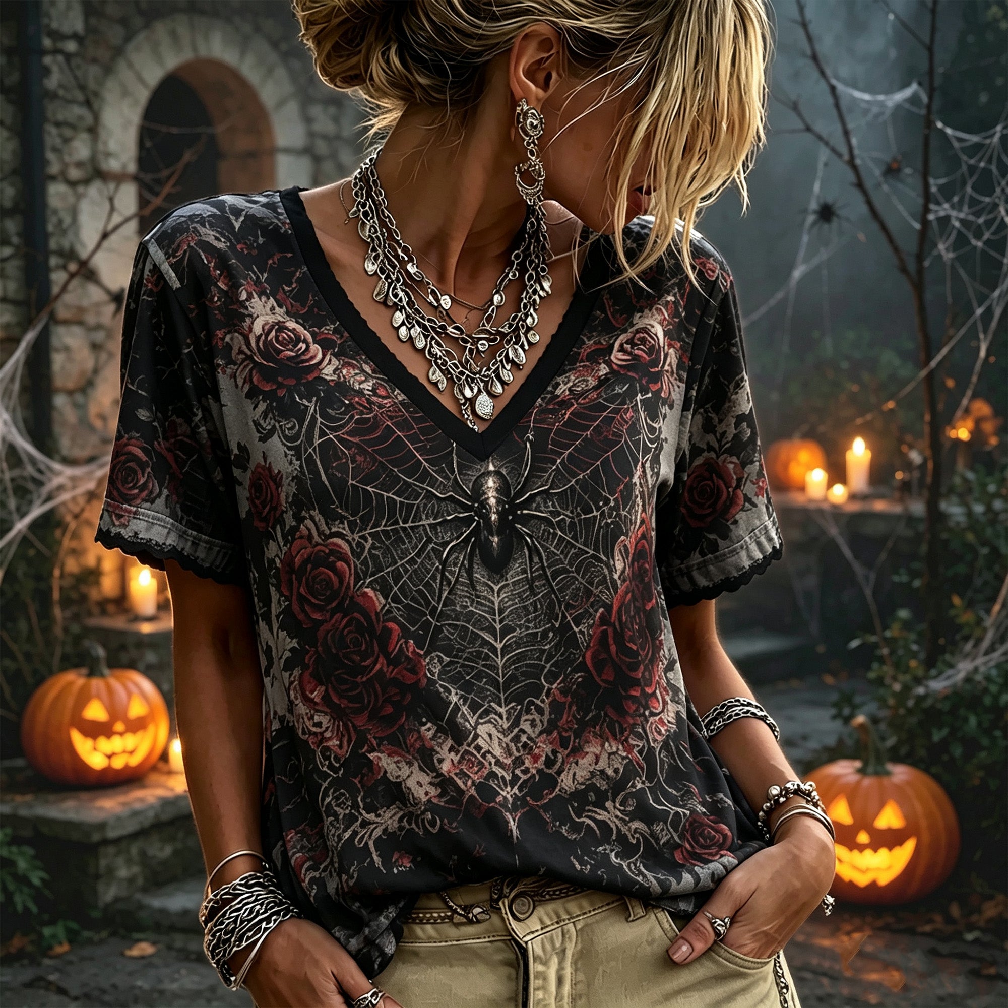 Women's Retro Dark Gothic Style Halloween Spider And Red Rose Pattern V-neck Short-sleeved T-shirt