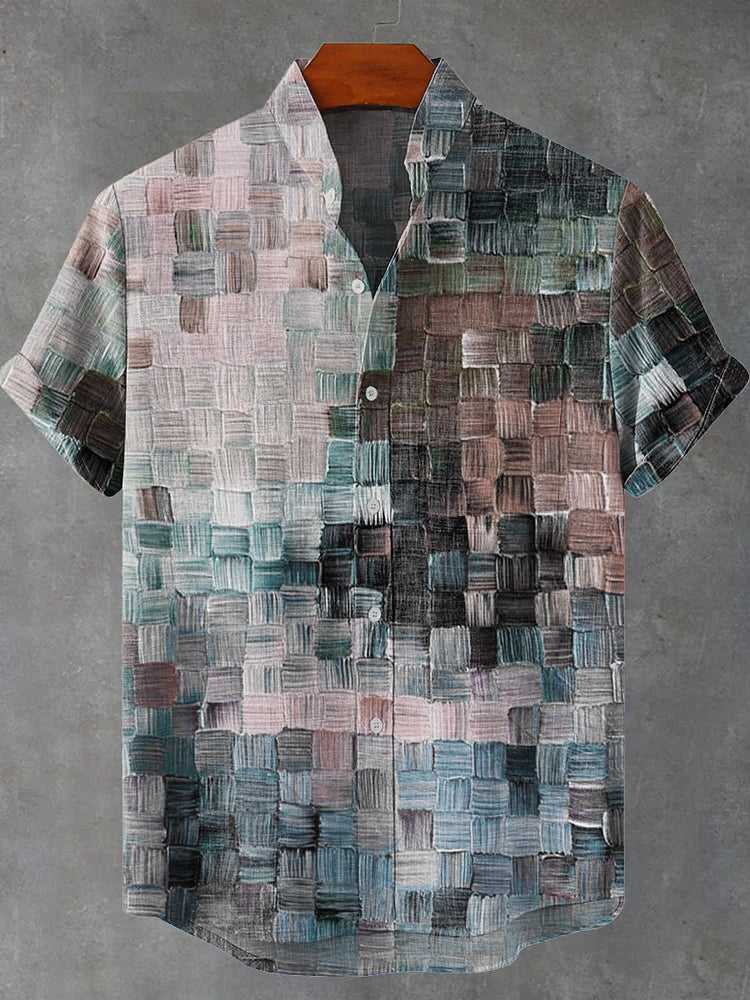 Oil Painting Style Lattice Vintage Art Print Casual Cotton Linen Shirt
