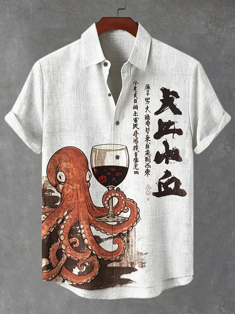 Men's Octopus Holding A Goblet Art Print Casual Shirt