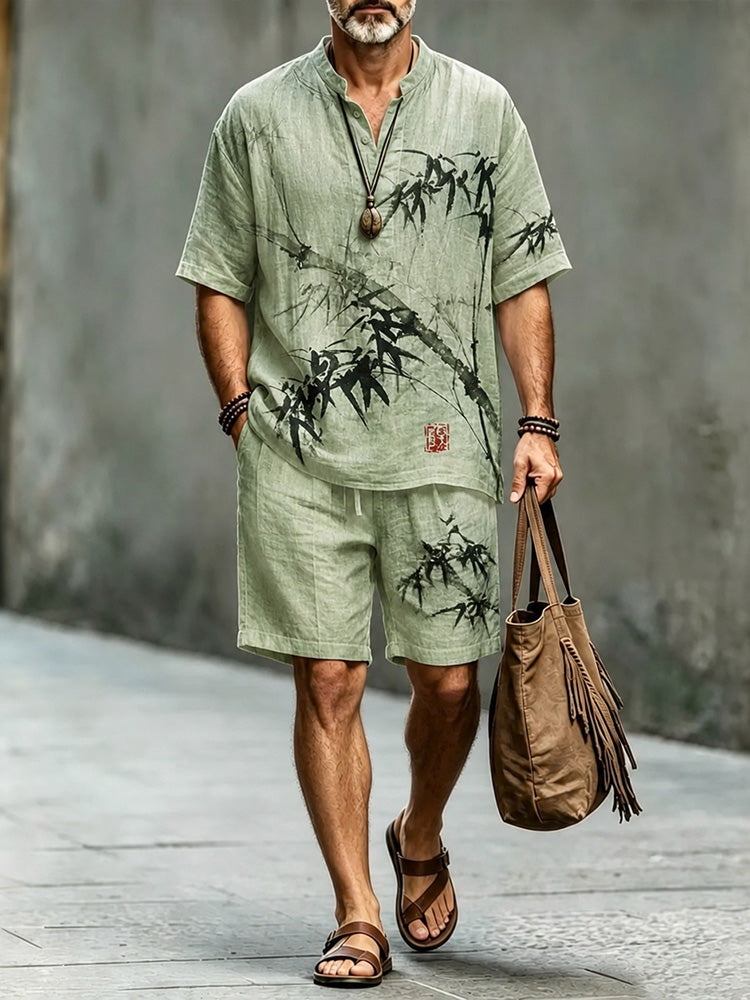 Men's Vintage Japanese Bamboo Art Print Short Sleeve Shirt And Shorts Two Piece Set