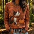 Women's Retro Cat Pumpkin Maple Leaf Print Crew Neck Long Sleeve T-shirt