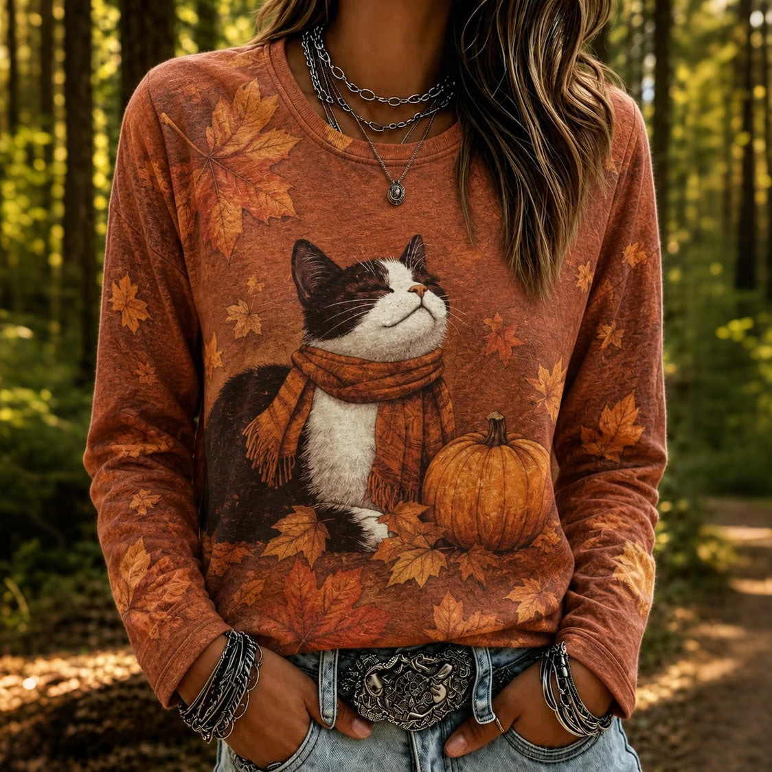 Women's Retro Cat Pumpkin Maple Leaf Print Crew Neck Long Sleeve T-shirt