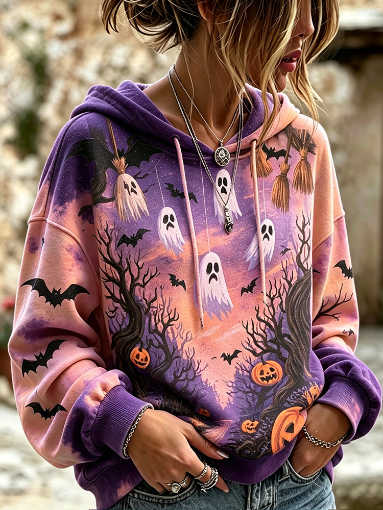 Women's Ghost & Pumpkin Print Hoodie - Halloween Haunted House Graphic Oversized Sweatshirt