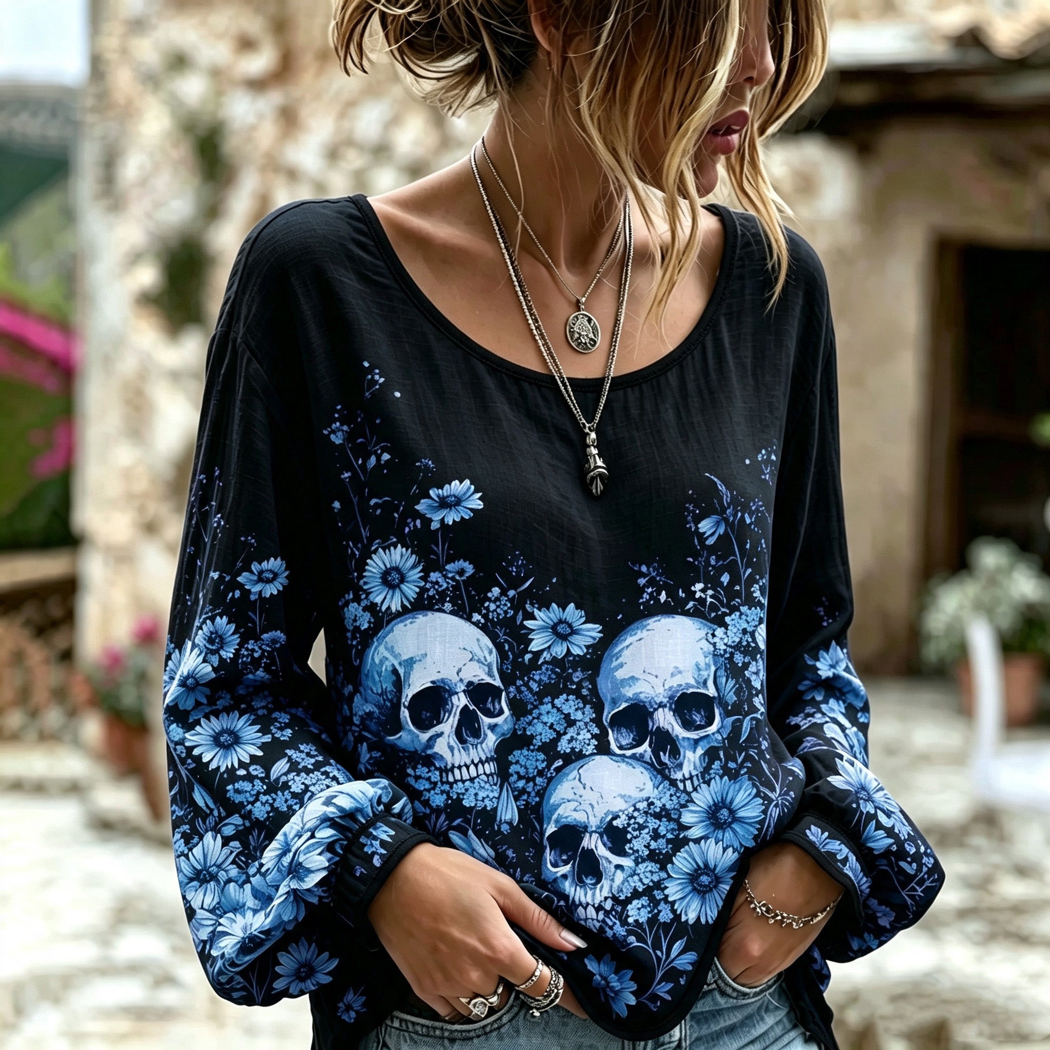 Women's Bohemian Halloween Skull And Floral Print Cotton Linen Top