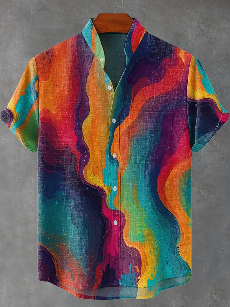Men's Vintage Colored Print Linen Blend Short-sleeve Shirt
