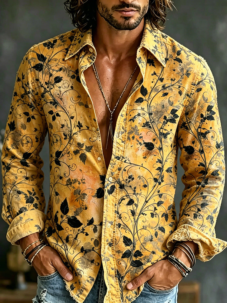 Men's Retro Floral Art Print Cotton Linen Casual Shirt