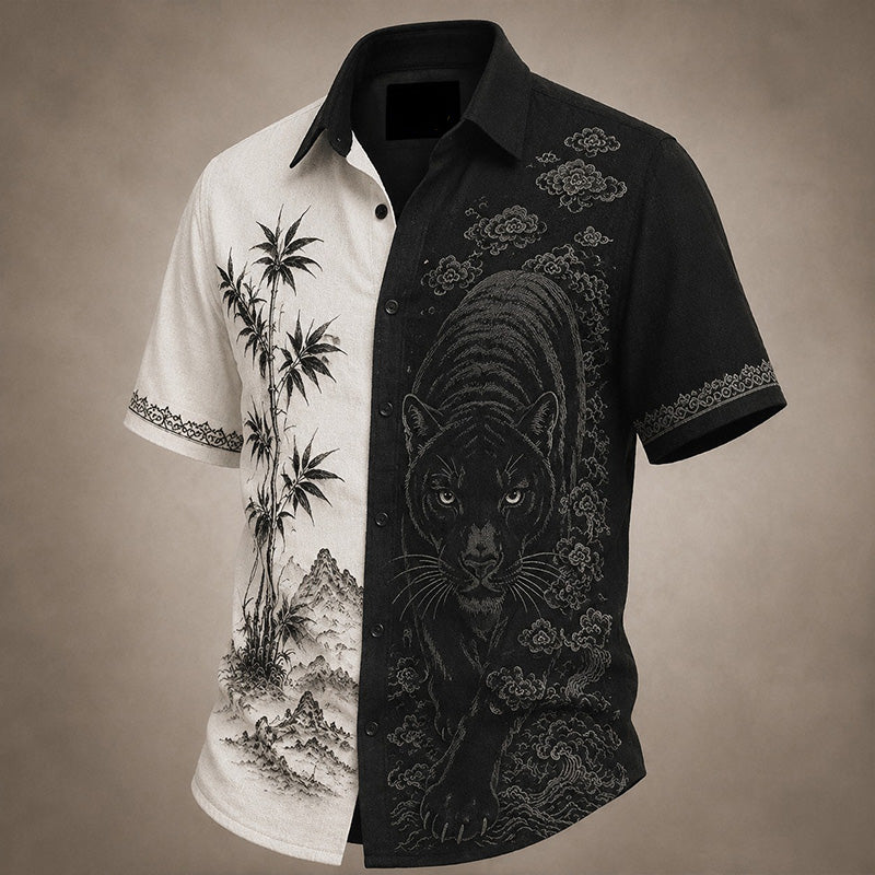 Men's Black Panther And Landscape Japanese Art Print Casual Shirt