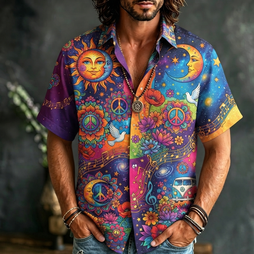 Men's Short-sleeve Button-down Shirt With Sun, Moon, Peace Sign, And Floral Psychedelic Print