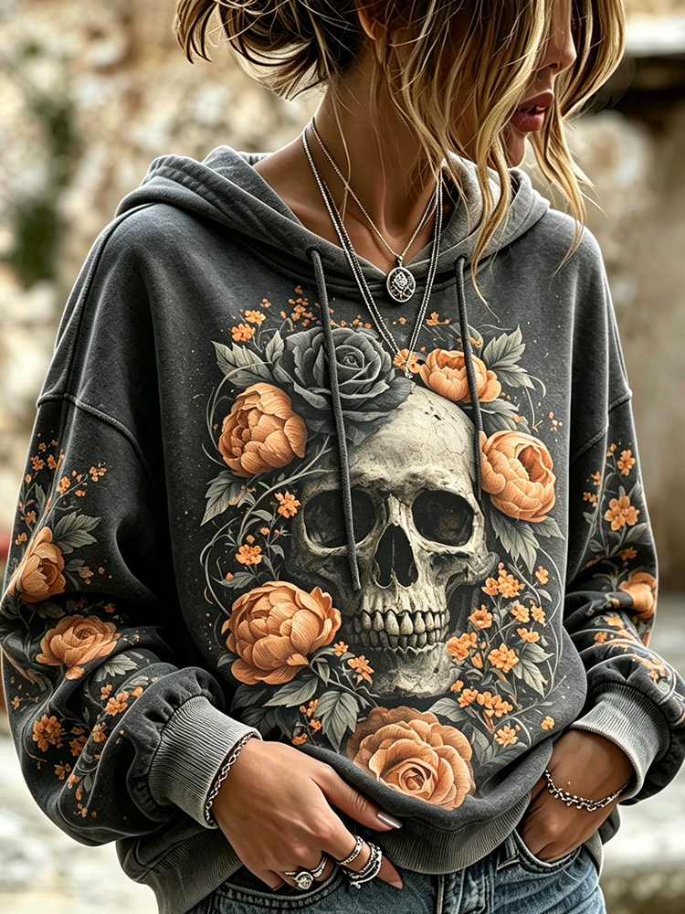 Women's Hoodie Sweatshirt With Floral Skull And Orange Rose Graphic Print