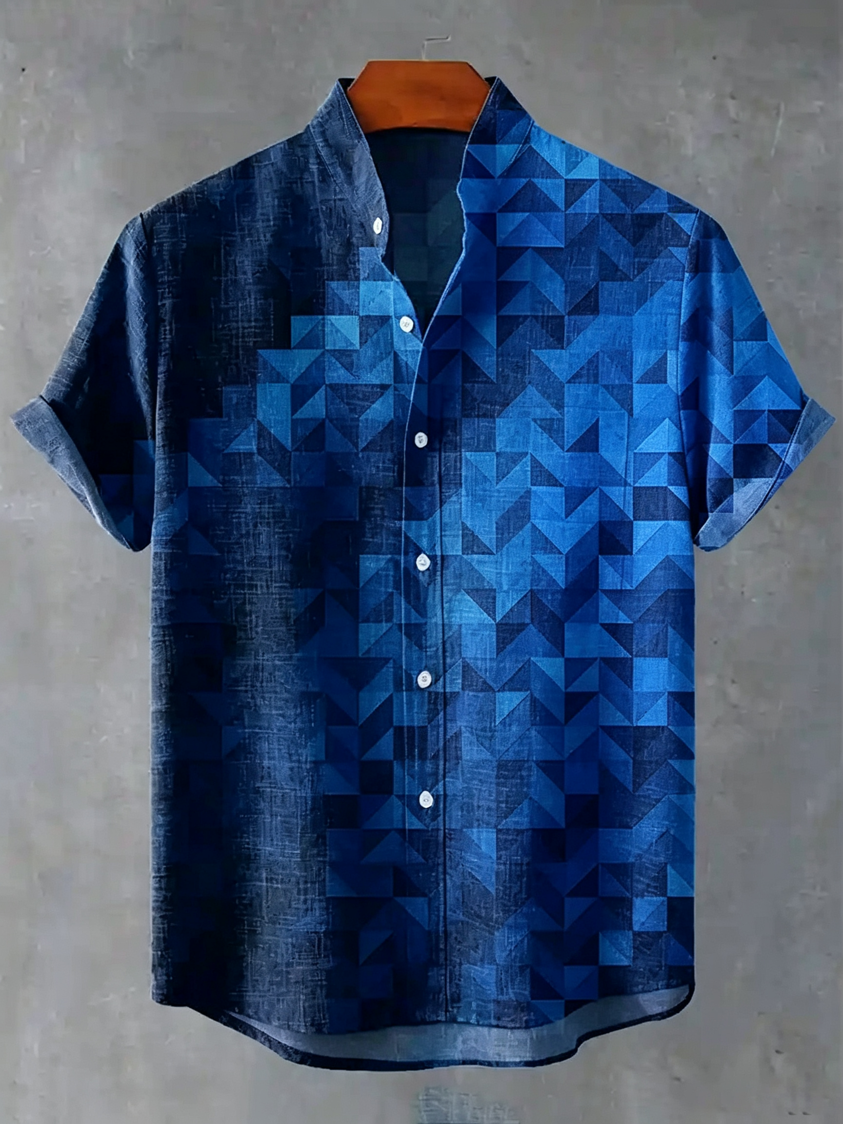 Men's Vintage Green Geometric Gradient Print Linen Blend Short-sleeve Shirt