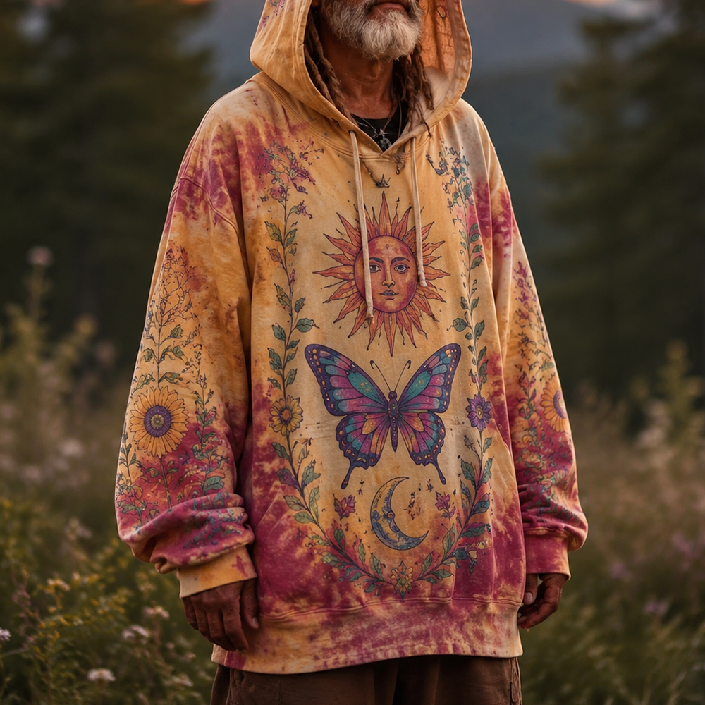 Men's Boho Tie-dye Sun, Butterfly And Crescent Moon Print Hoodie