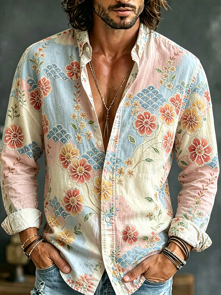 Men's Retro Resort Color Block Floral Print Cotton Linen Long-sleeved Shirt