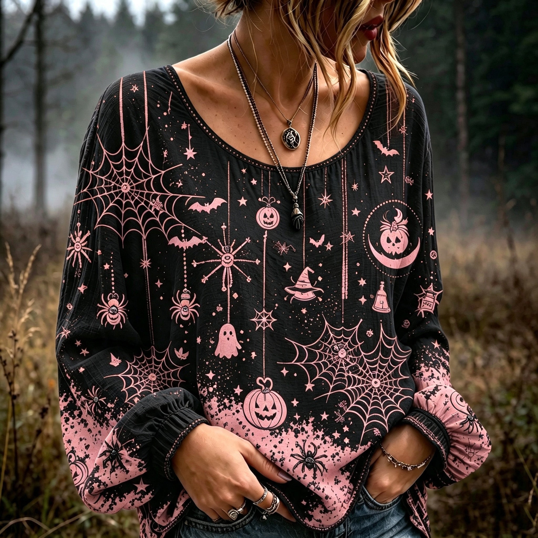 Women's Halloween-themed Spiderweb And Pumpkin Embroidered Print Top