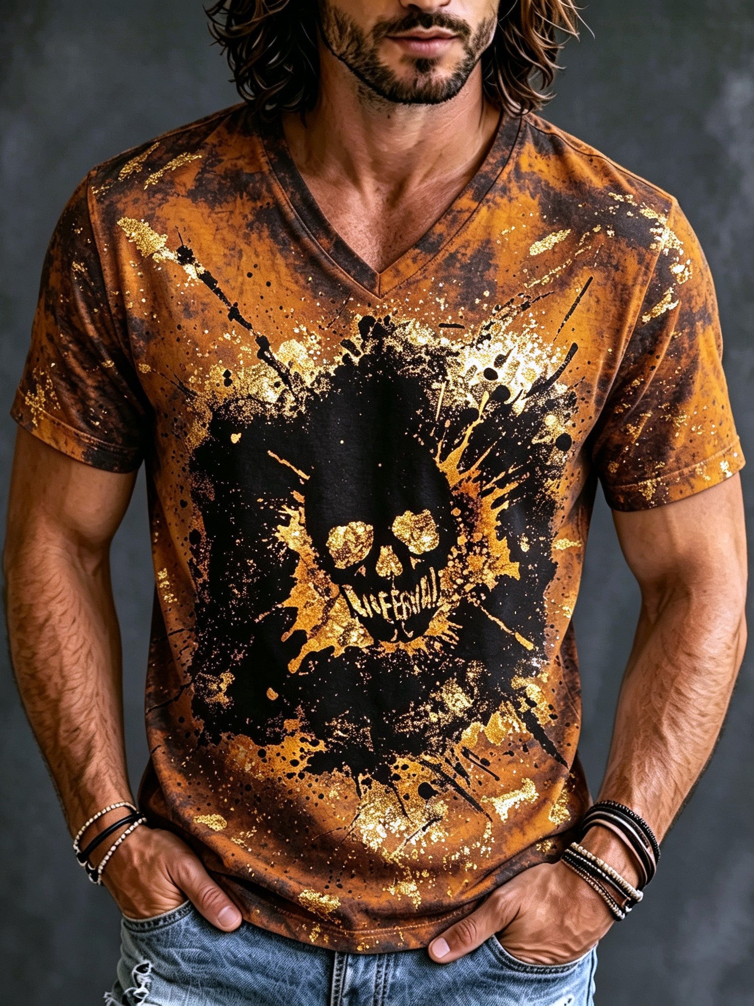 Men's Retro Bohemian Halloween Skull Print T-shirt