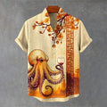 Men's Octopus Drinking Tea Under The Cherry Tree Art Print Casual Shirt