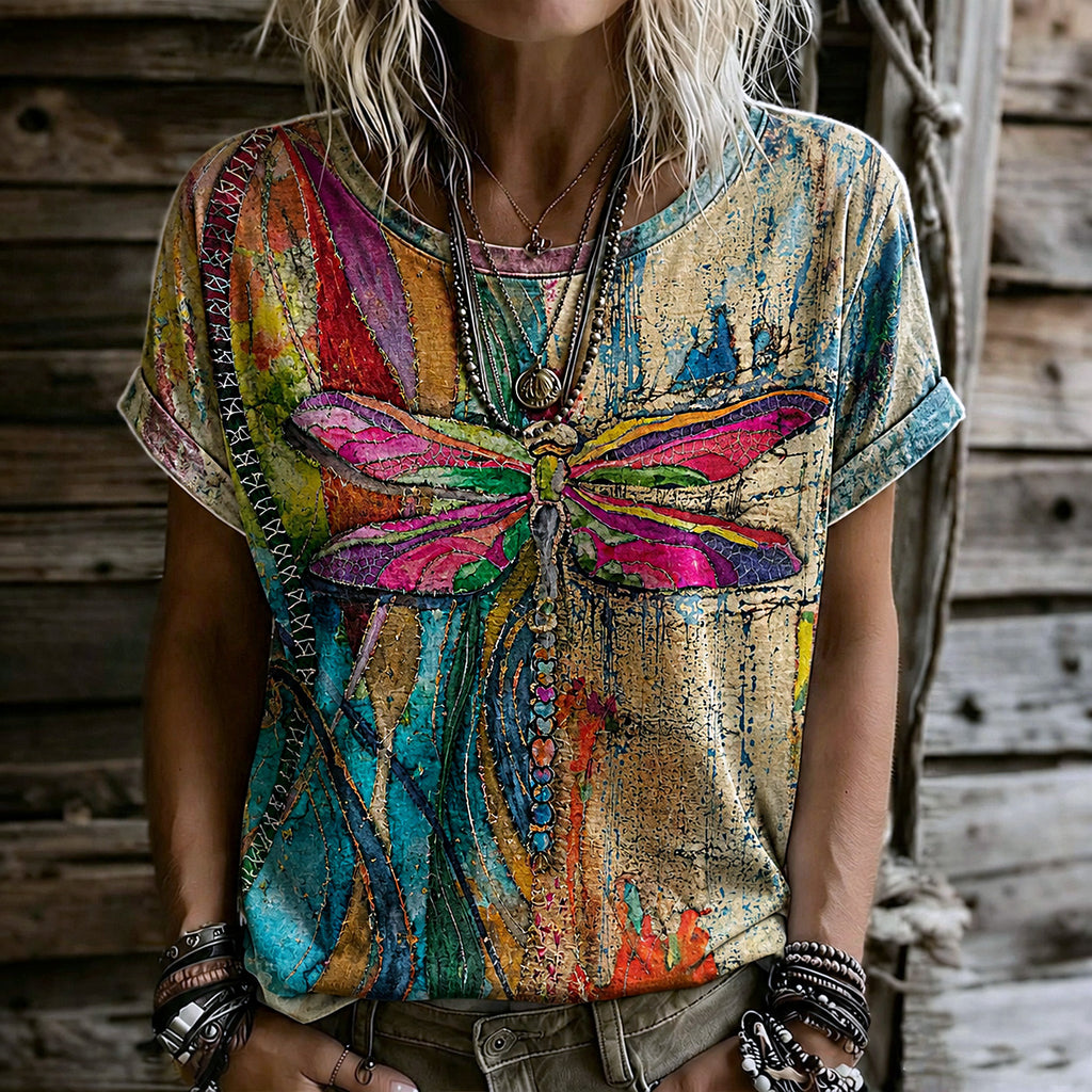 Women's Retro Hippie Style Dragonfly Patchwork Print T-shirt