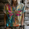 Women's Retro Hippie Style Dragonfly Patchwork Print T-shirt