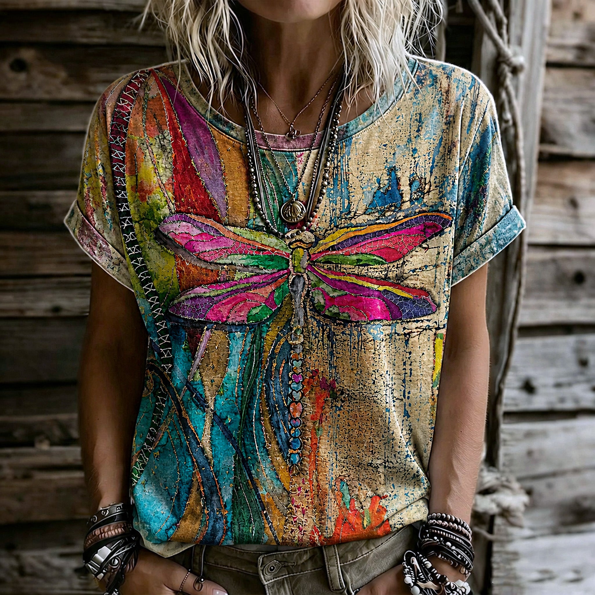 Women's Retro Hippie Style Dragonfly Patchwork Print T-shirt