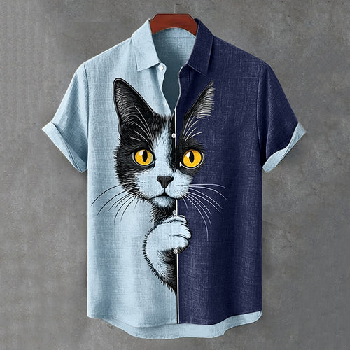 Men's  The Peeping Cat Colorblock Art Casual Short Sleeve Shirts