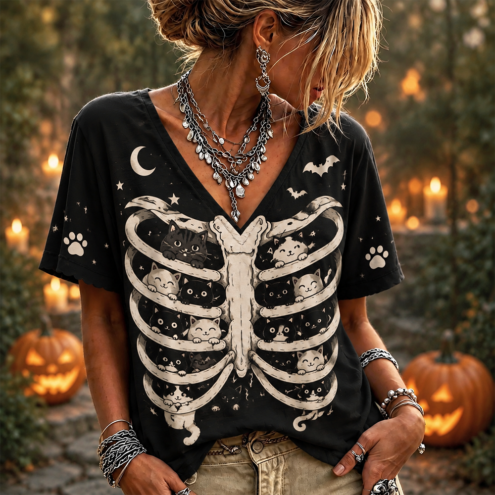 Women's Gothic Black Ribcage With Cute Peeping Cats And Moon Short Sleeve T-shirt