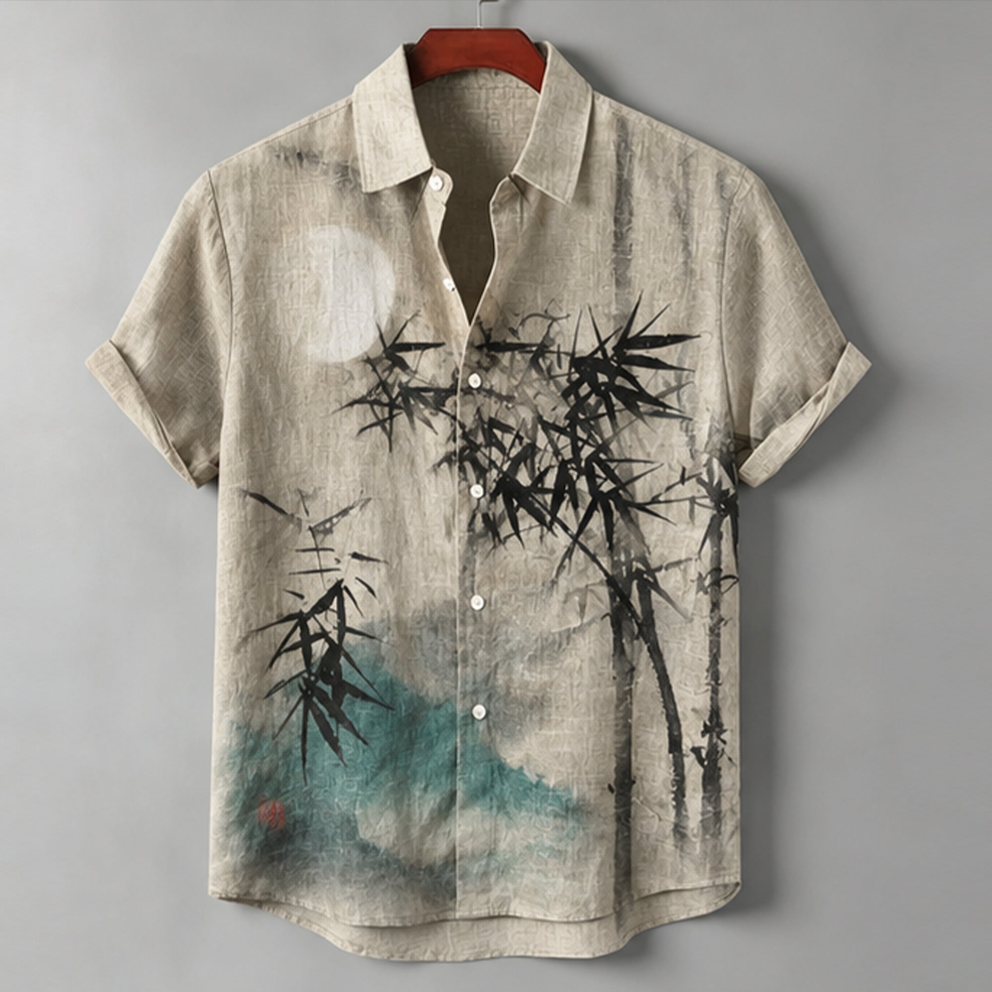 Men's Vintage Oriental Art  Ink Bamboo Moon Landscape Print Linen Short Sleeve Button Down Shirt