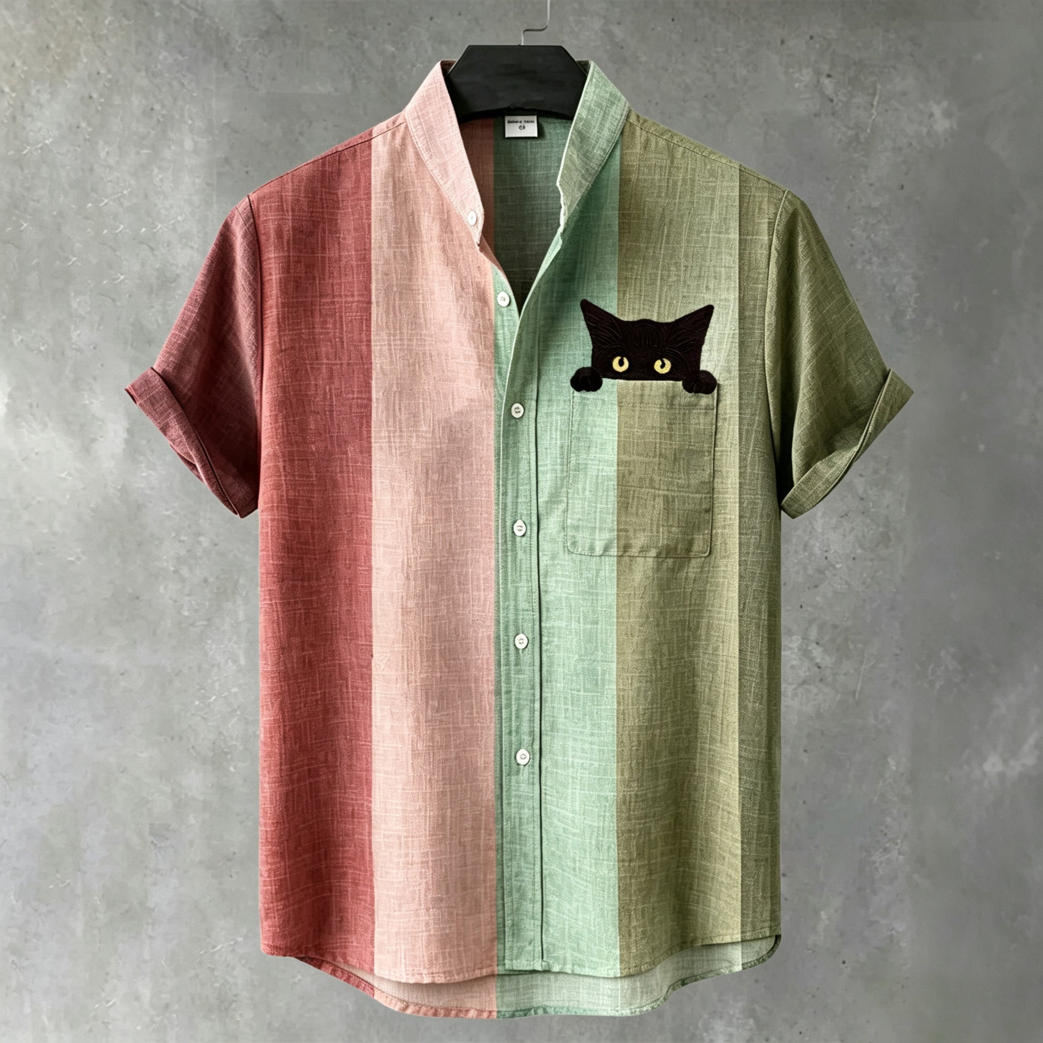 Men's Vintage Peeking Black Cat Contrast Stripes Art Casual Shirt