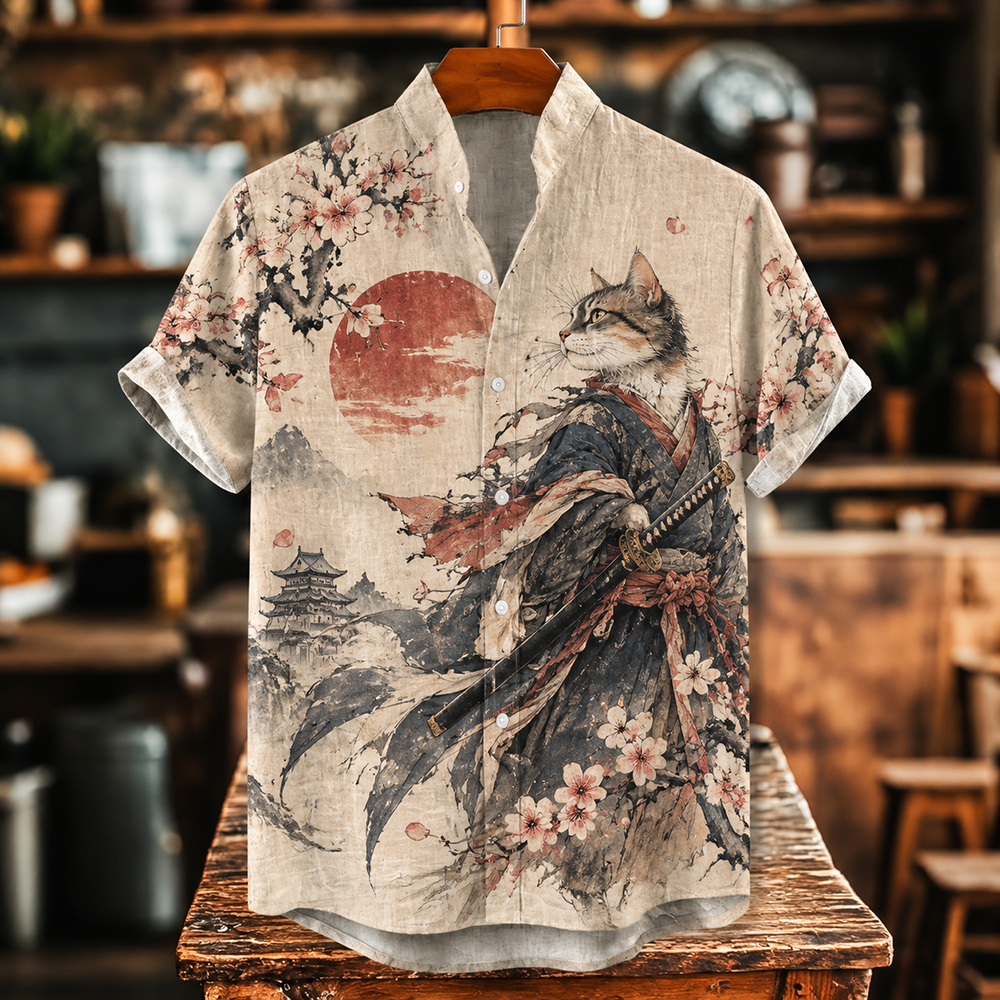 Men's Vintage Japanese Samurai Cat With Sword Art Print Short Sleeve Linen Shirt