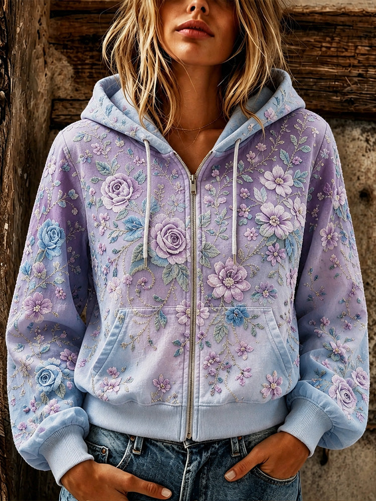 Women's Vintage Rose Floral Art Print Casual Cotton Linen Hoodie