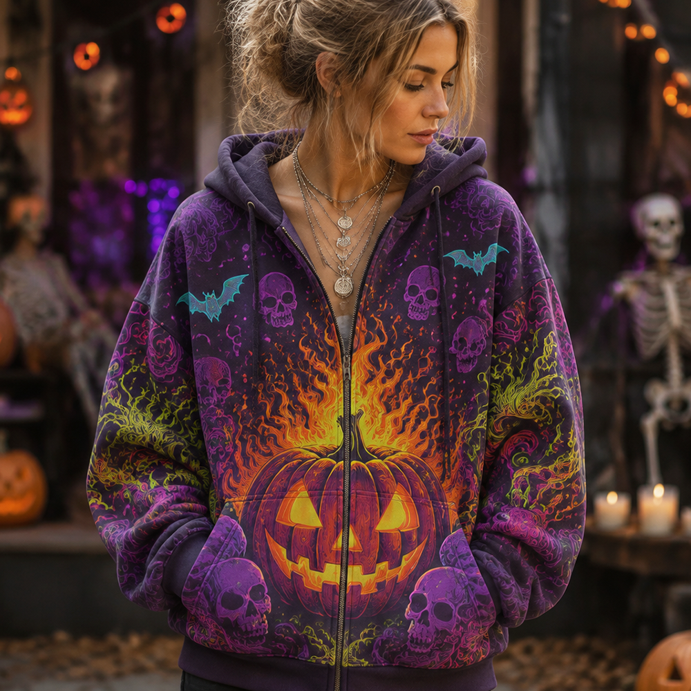 Women's Gothic Halloween Full-zip Hoodie, Decorated With Neon Pumpkin Lanterns, Skulls And Flame Prints