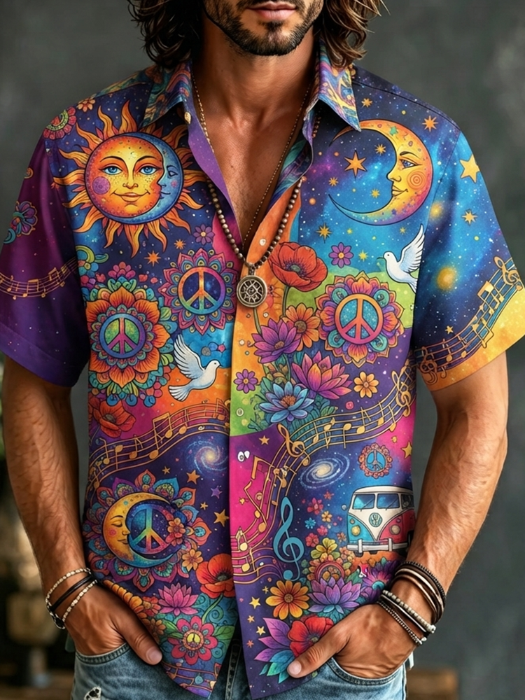 Men's Short-sleeve Button-down Shirt With Sun, Moon, Peace Sign, And Floral Psychedelic Print