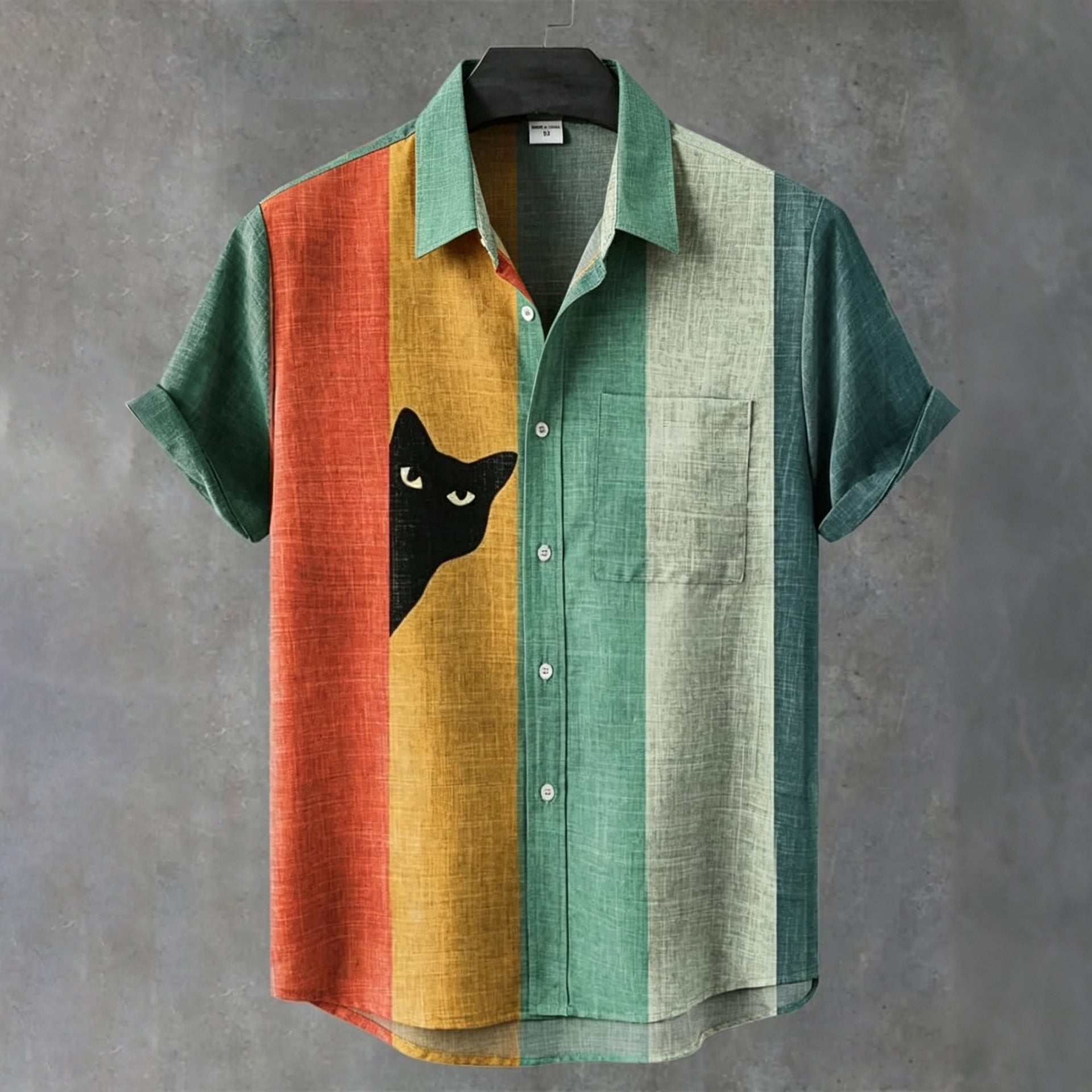 Men's Vintage Black Cat Contrast Stripes Short Sleeve Collared Shirt