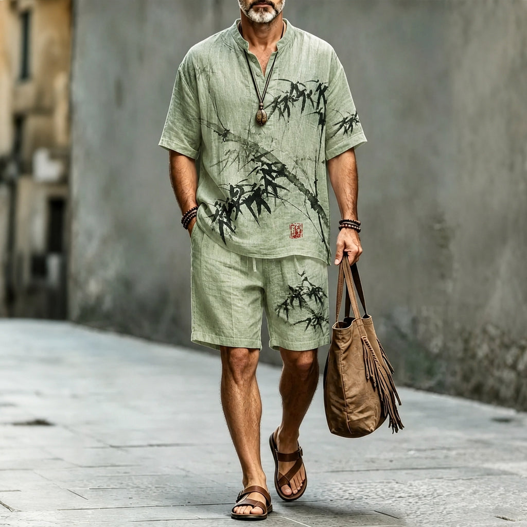 Men's Vintage Japanese Bamboo Art Print Short Sleeve Shirt And Shorts Two Piece Set