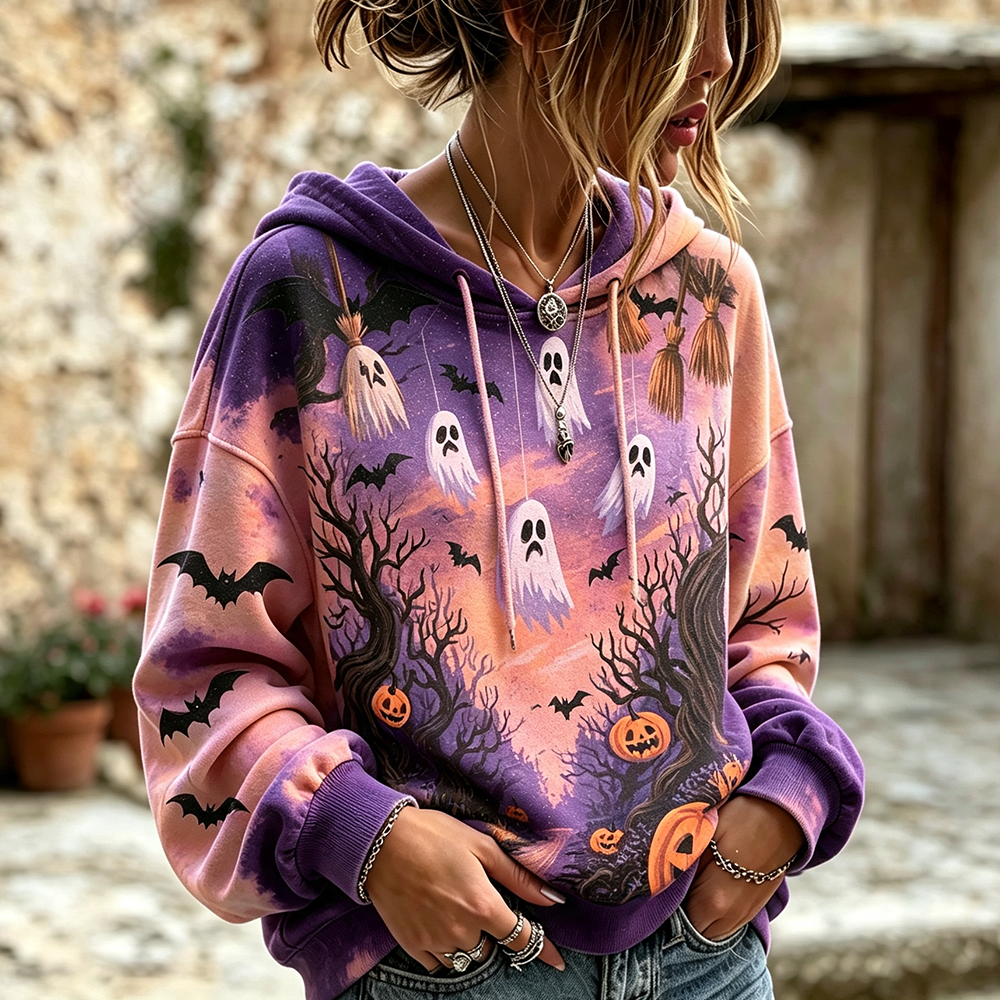 Women's Ghost & Pumpkin Print Hoodie - Halloween Haunted House Graphic Oversized Sweatshirt