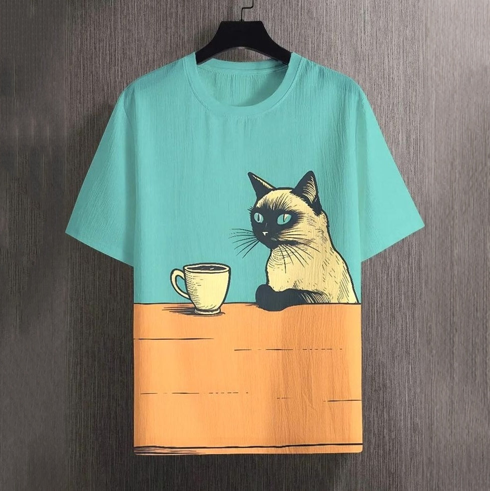 Vintage Cute Cat Patchwork Art Print Casual T-shirt