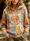 Women's Vintage Floral And Peace Symbol Art Print Hoodie