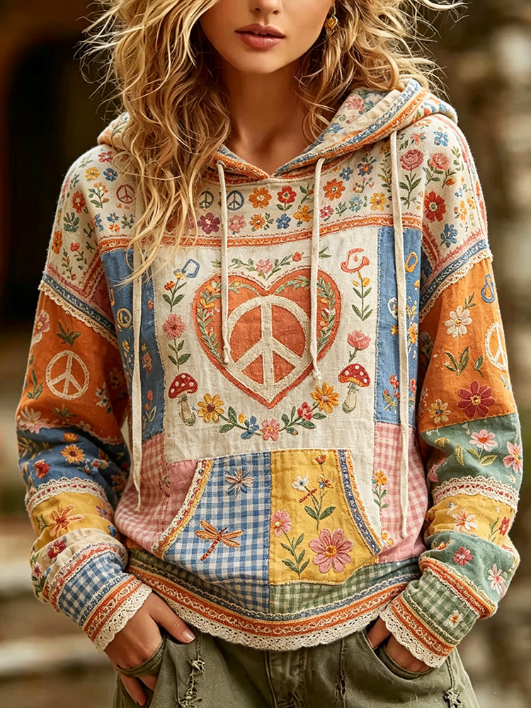 Women's Vintage Floral And Peace Symbol Art Print Hoodie