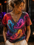 Women's V-neck T-shirt With Colorful Neon Ghost Graphic Print