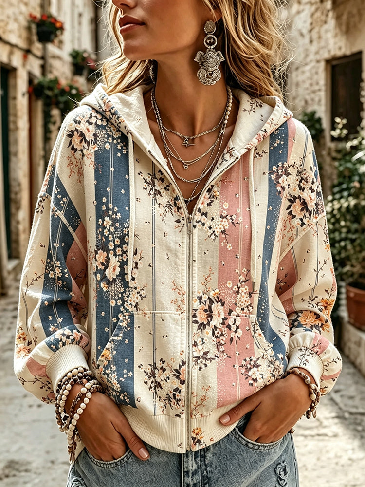 Women's Retro Casual Vacation Floral Loose Hoodie