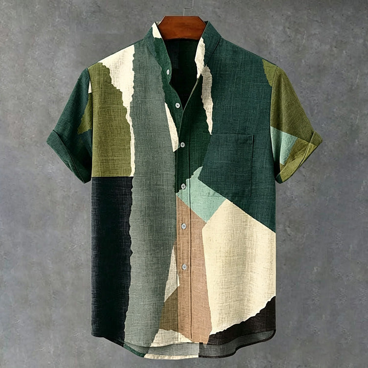 Men's Geometric Color Block Abstract Art Print Linen Blend Short-sleeve Shirt