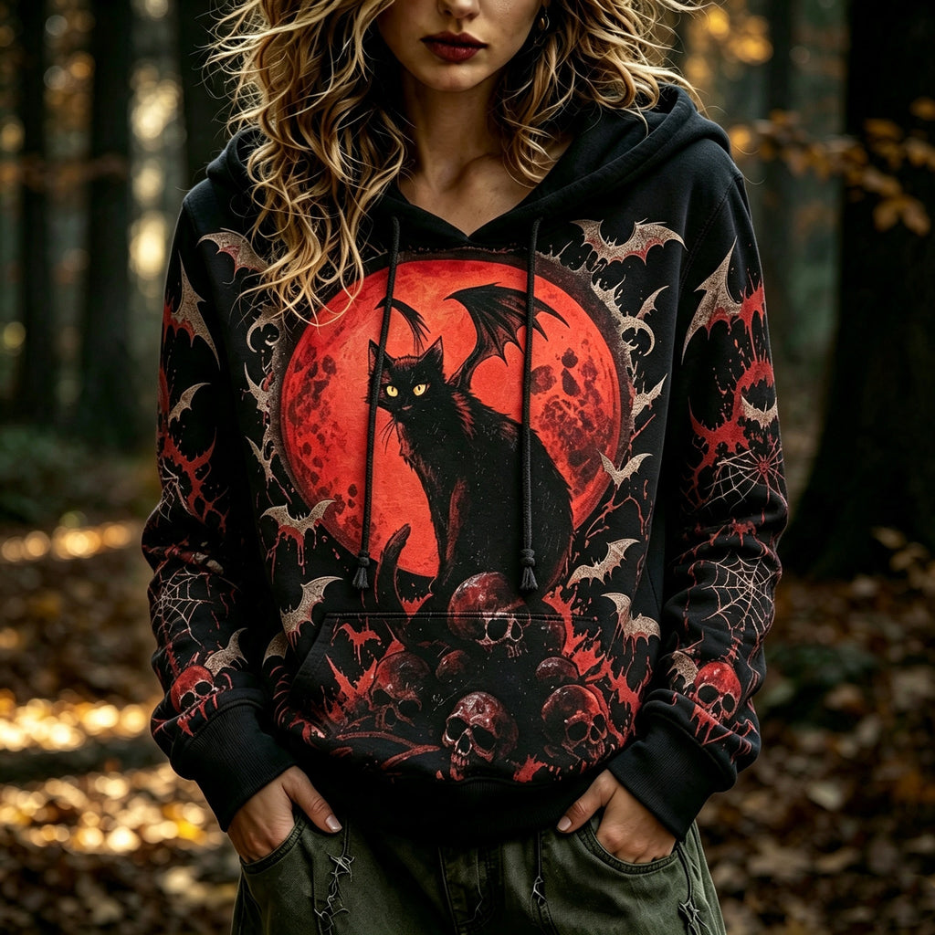 Women's Retro Bohemian Halloween Cat And Skull Print Hoodie
