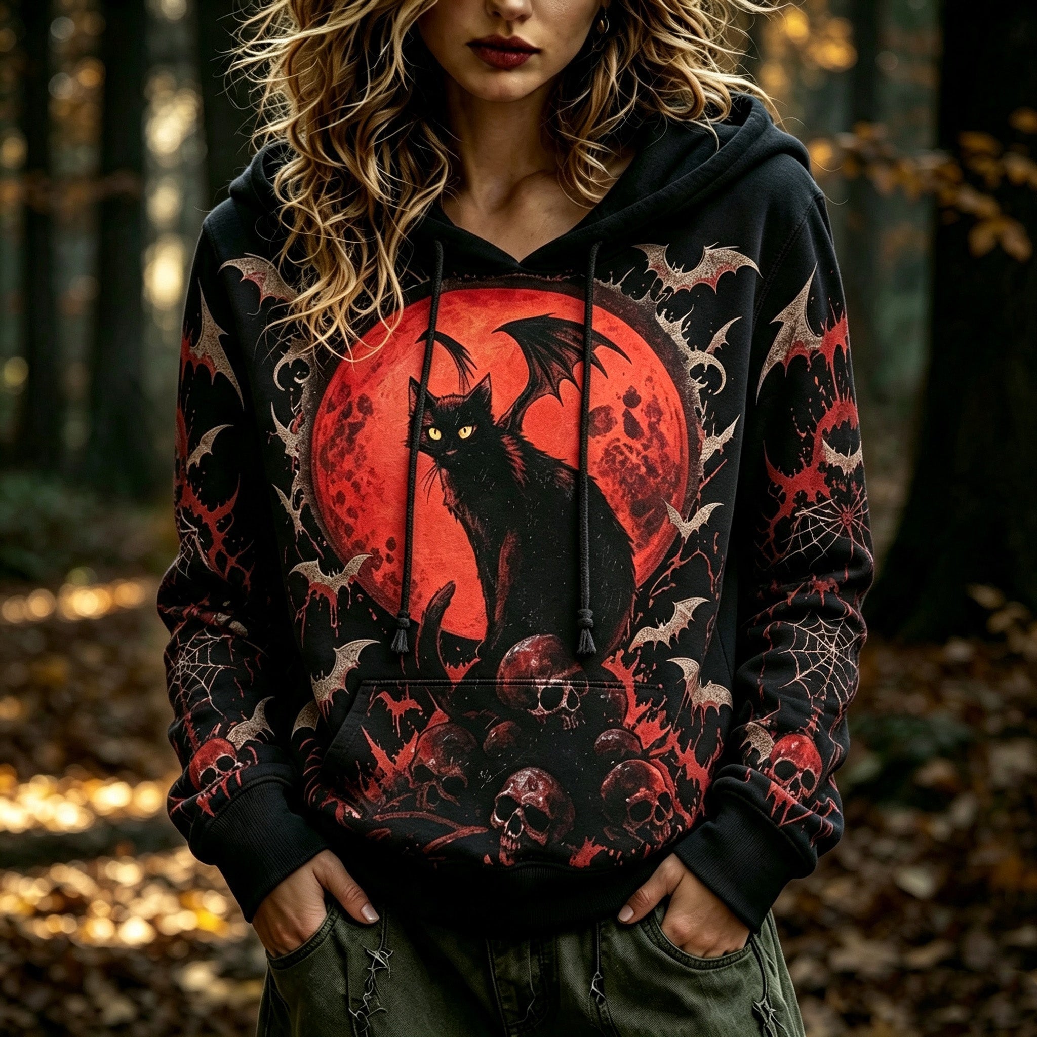 Women's Retro Bohemian Halloween Cat And Skull Print Hoodie