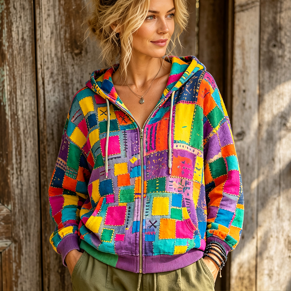 Women's Full-zip Hoodie Sweatshirt With Colorful Patchwork And Stitched Details