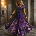 Women's Gothic Purple Floral, Pumpkin, Moon And Haunted House Print Maxi Dress