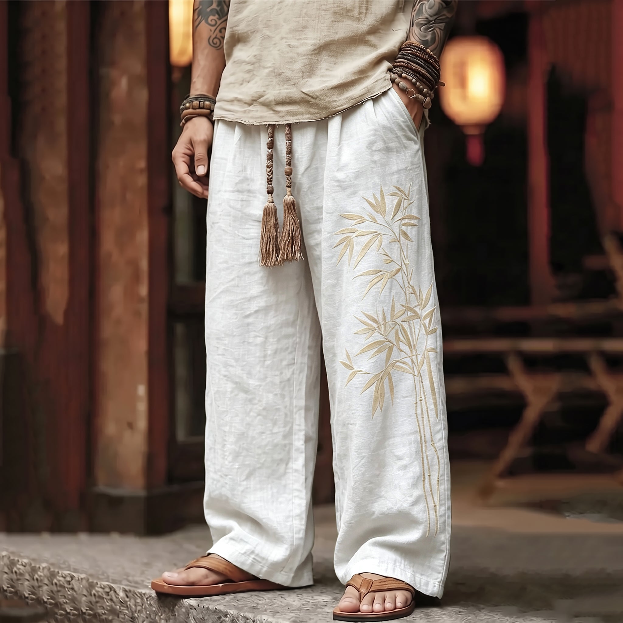 Men's Vintage Japanese Bamboo Art Print Linen Blend Pants