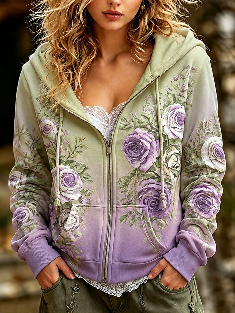 Women's Retro Bohemian Floral Print Zipper Hooded